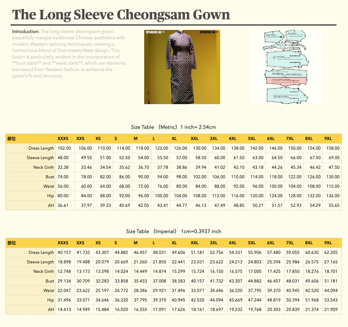 Digital Sewing Pattern of Long-Sleeve Cheongsam with Diagonal Placket and Zipper