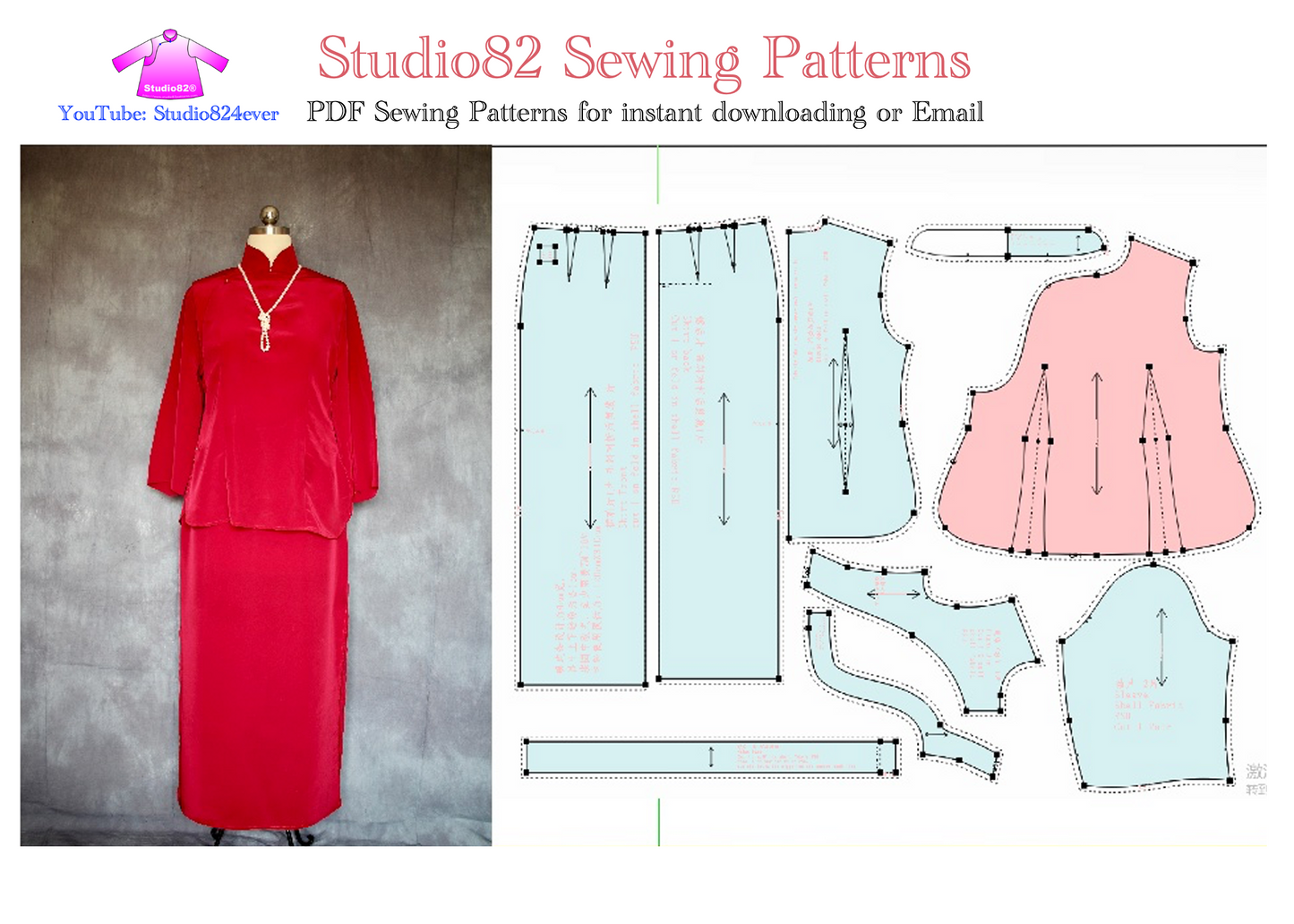 Digital Sewing Pattern: Modified Mid-Sleeve Qipao Set Sewing Pattern