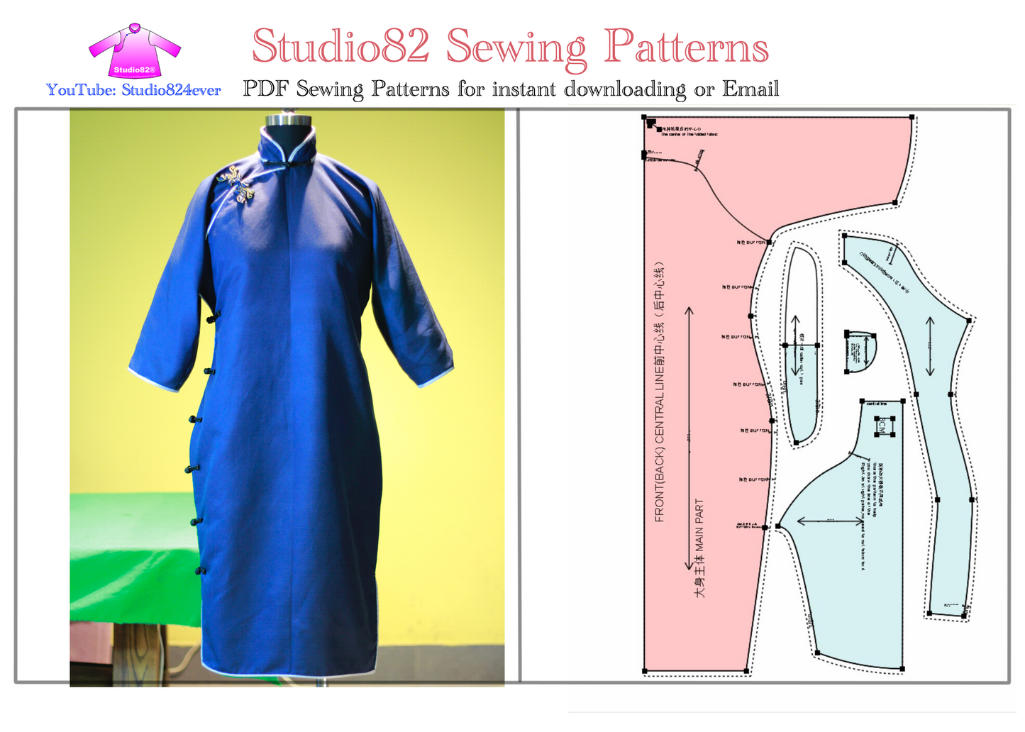 Digital Sewing Pattern: Vintage-Inspired Qipao Sewing Pattern – Flat-Cut, Mid-Length Sleeve, Knee-Length, Side-Closure with Mandarin Collar
