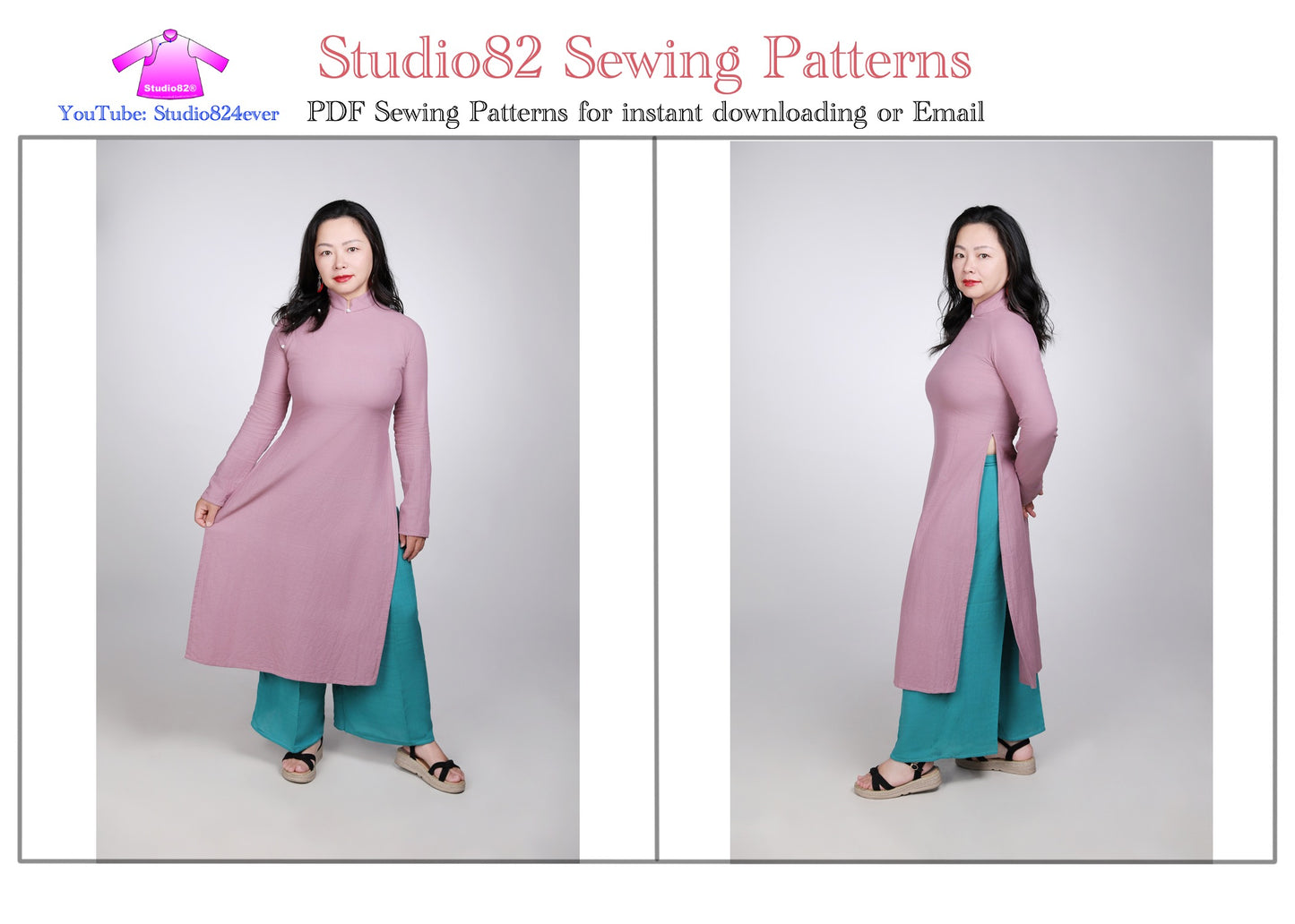 Raglan-Sleeve áo dài with diagonal placket and zipper PDF sewing Pattern