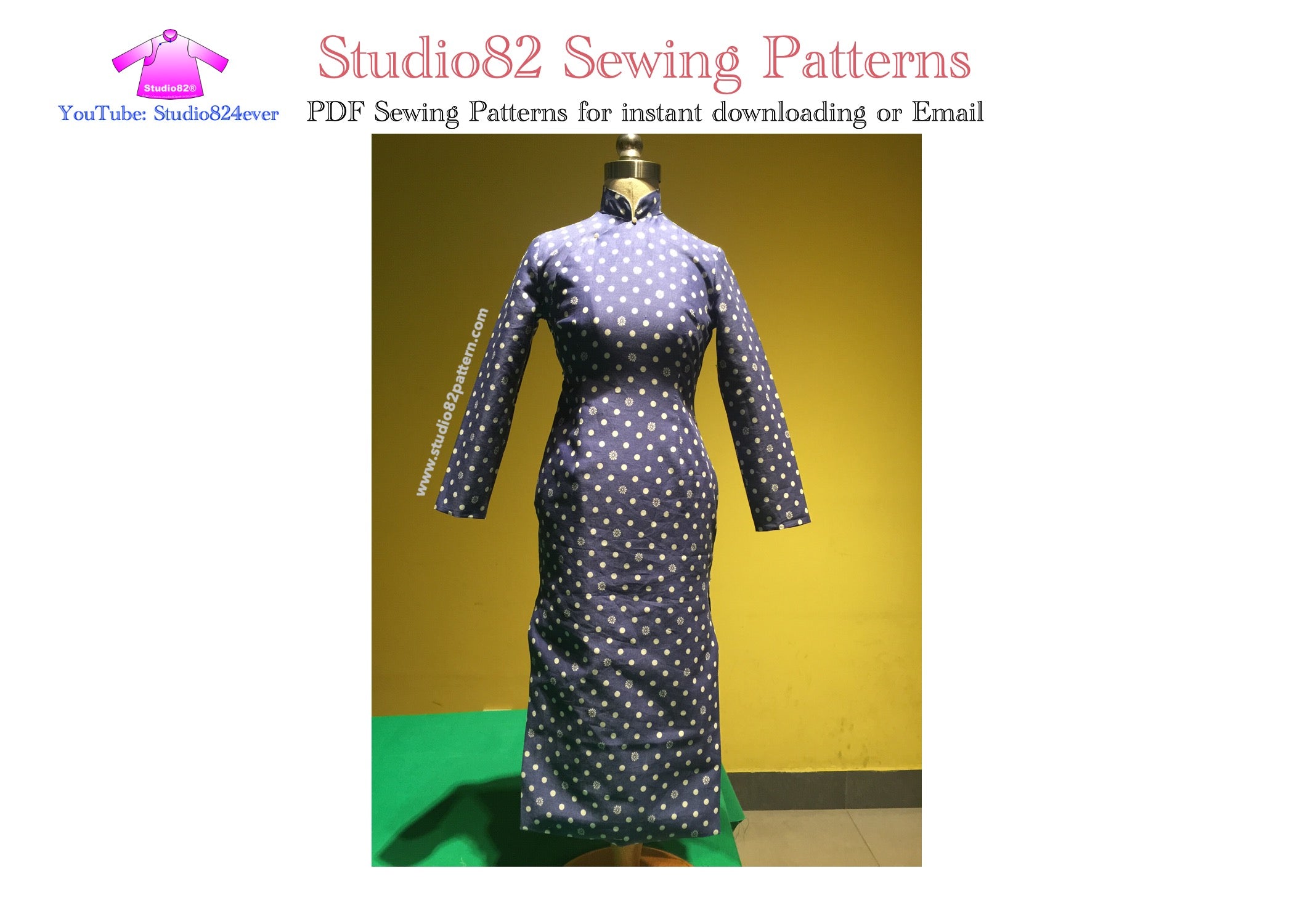 Digital Sewing Pattern of Long-Sleeve Cheongsam with Diagonal Placket ...