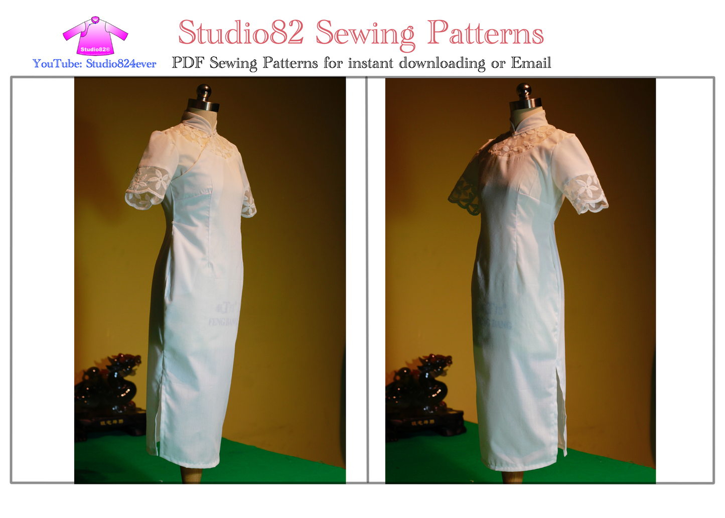 Digital Sewing Pattern: Cheongsam Sewing Pattern: Mid-Length Short-Sleeved Qipao with Integrated Annular Patch around Neck