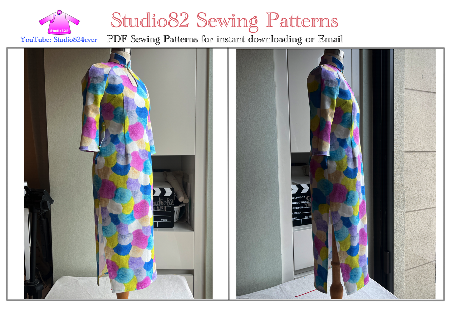Digital Pattern of  cheongsam gown with a water drop neckline and 3/4 sleeves