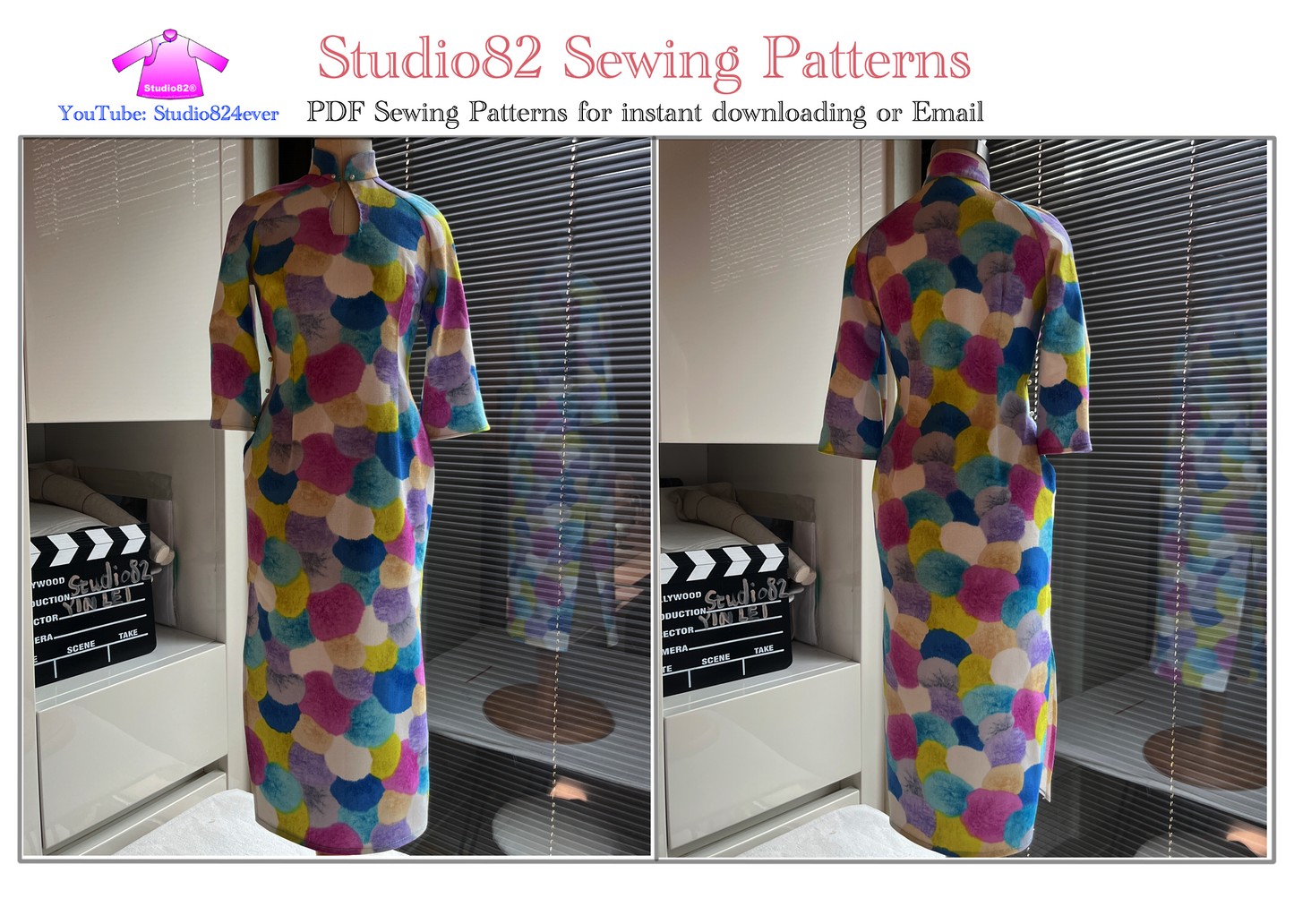 Digital Pattern of  cheongsam gown with a water drop neckline and 3/4 sleeves