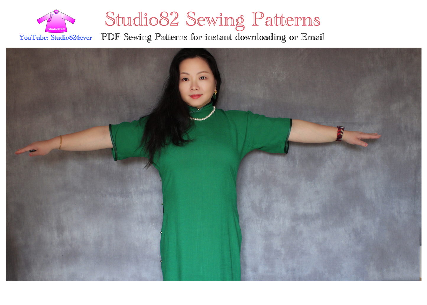 Digital sewing pattern of short-sleeved, floor-length, flat-cut cheongsam