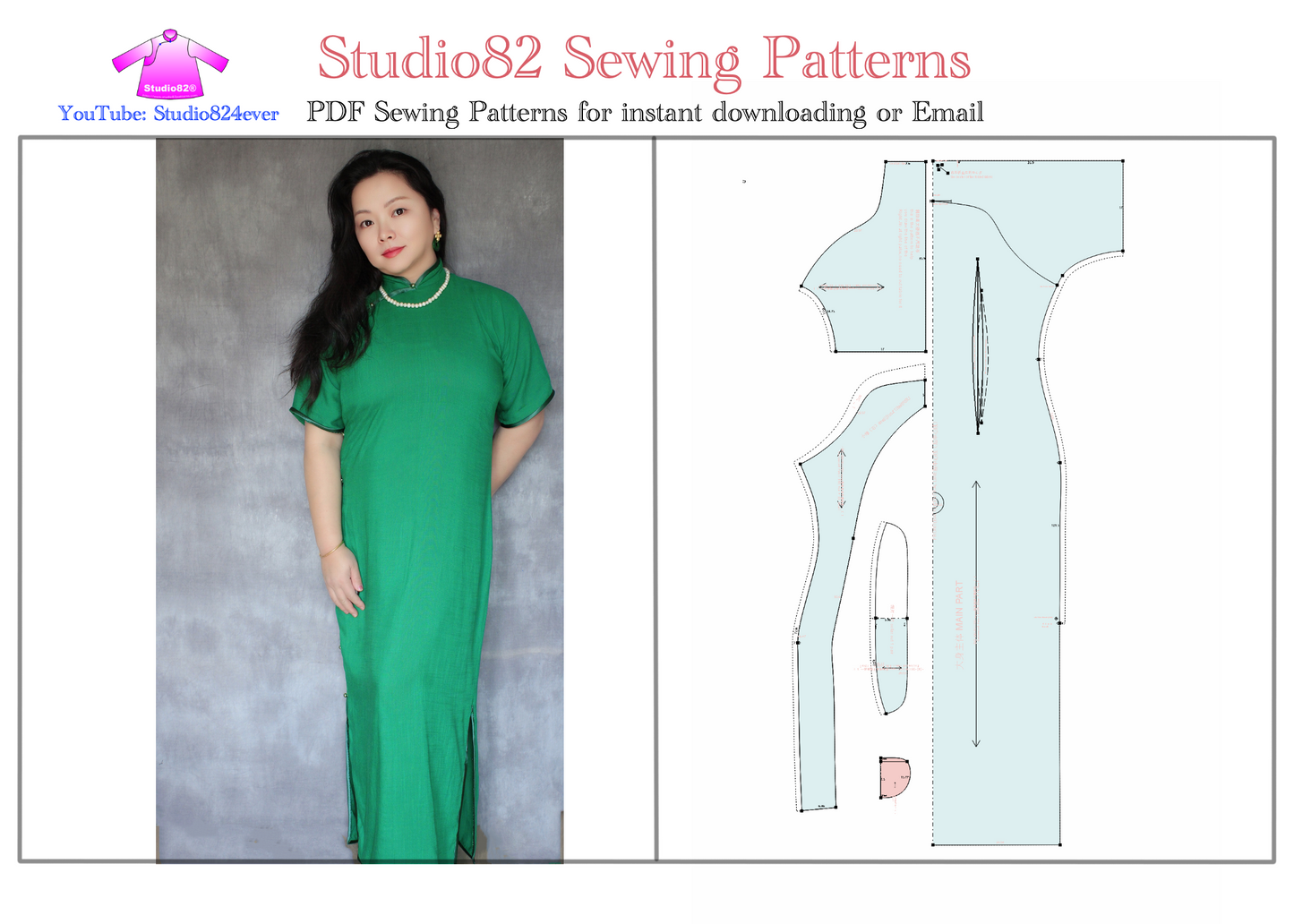 Digital sewing pattern of short-sleeved, floor-length, flat-cut cheongsam