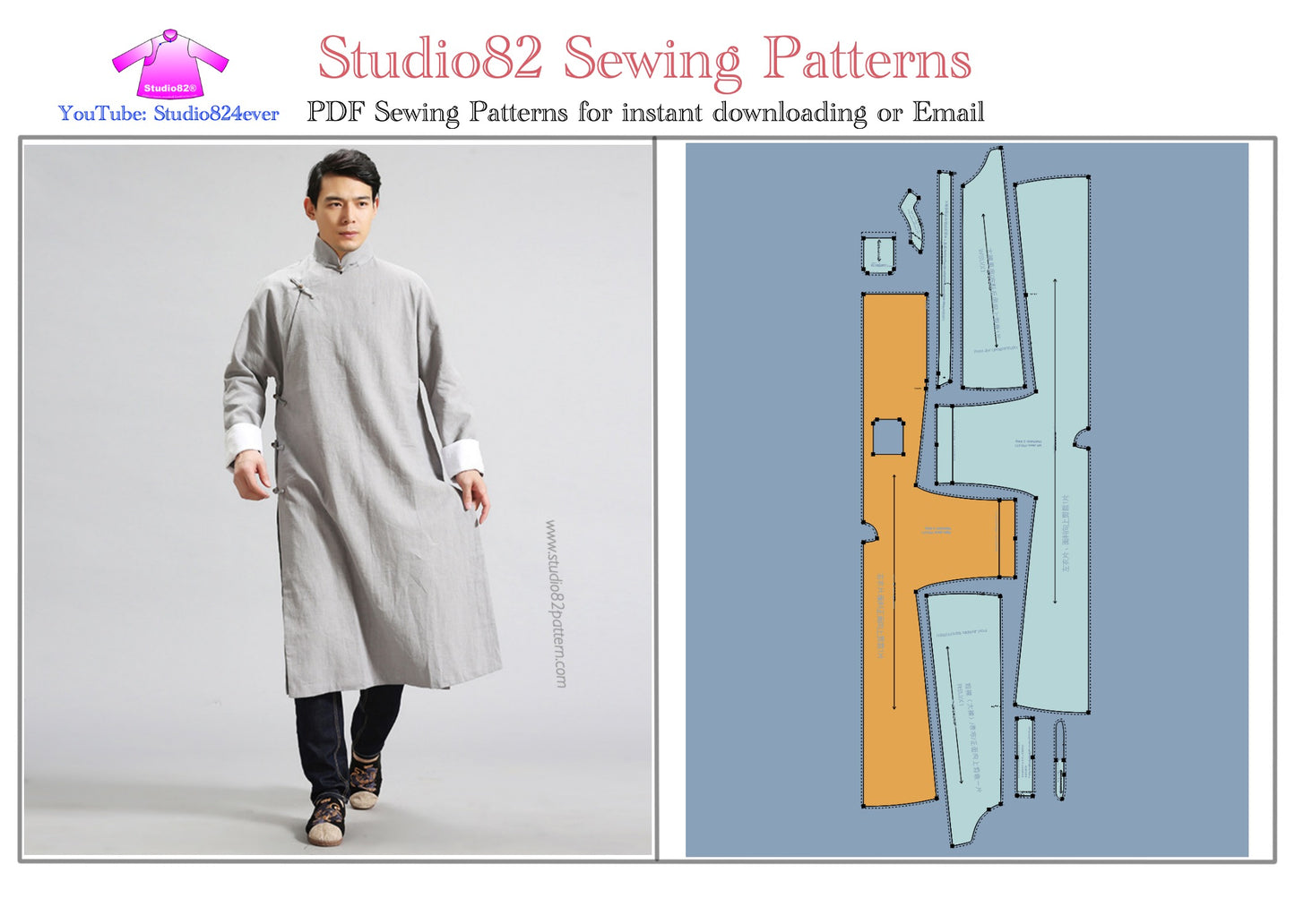 Digital sewing pattern for a classic men's Tang suit long gown (Chang Shan)