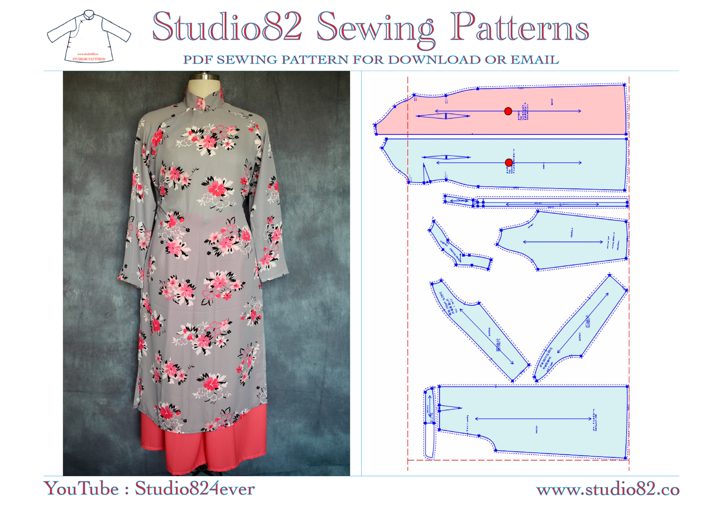 Raglan-Sleeve áo dài with diagonal placket and zipper PDF sewing Pattern
