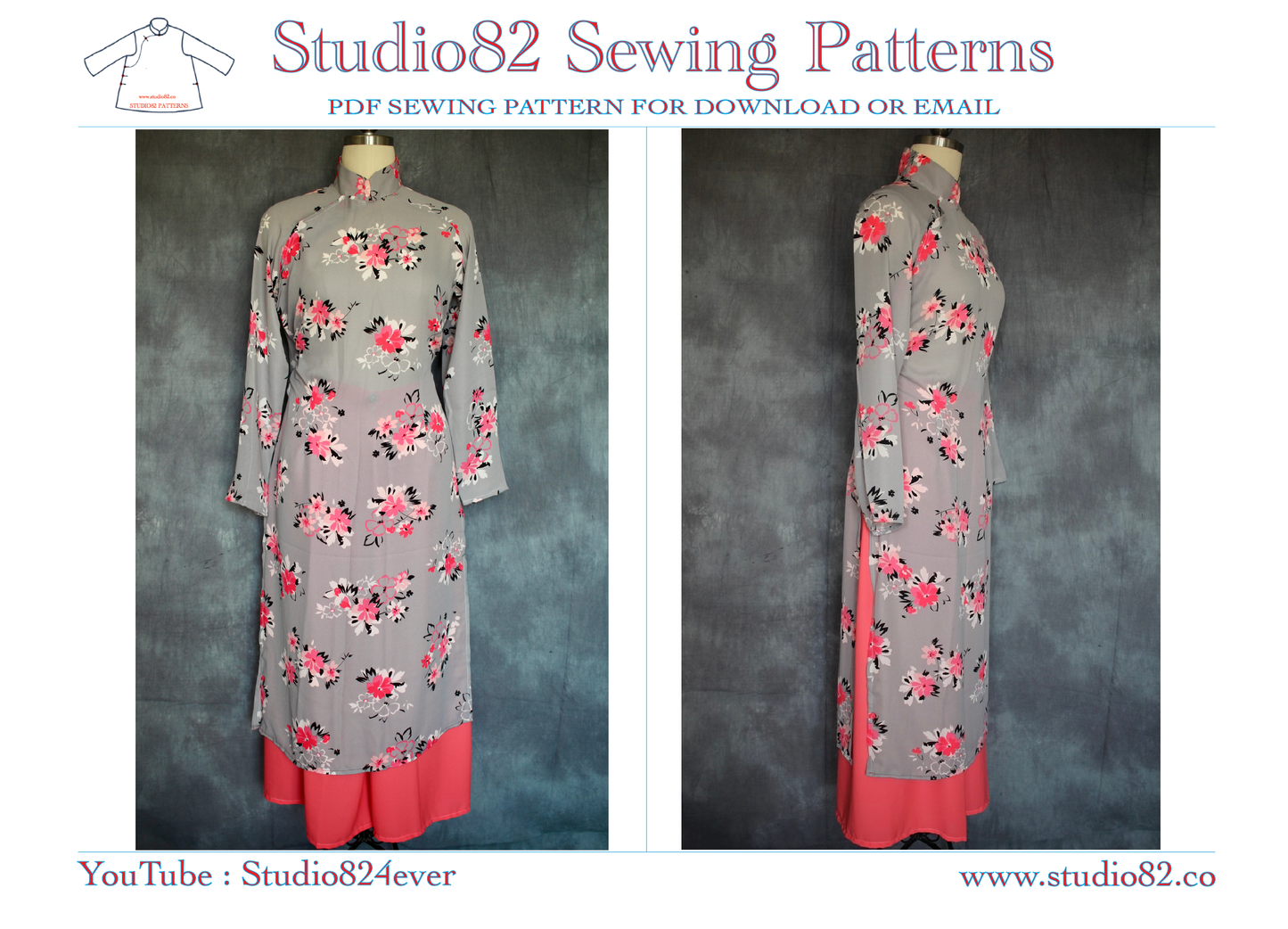 Raglan-Sleeve áo dài with diagonal placket and zipper PDF sewing Pattern