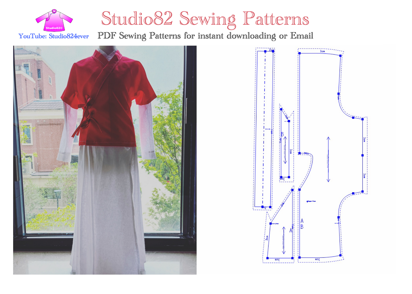PDF Sewing Pattern of Half Sleeve Coat with Cross Collar