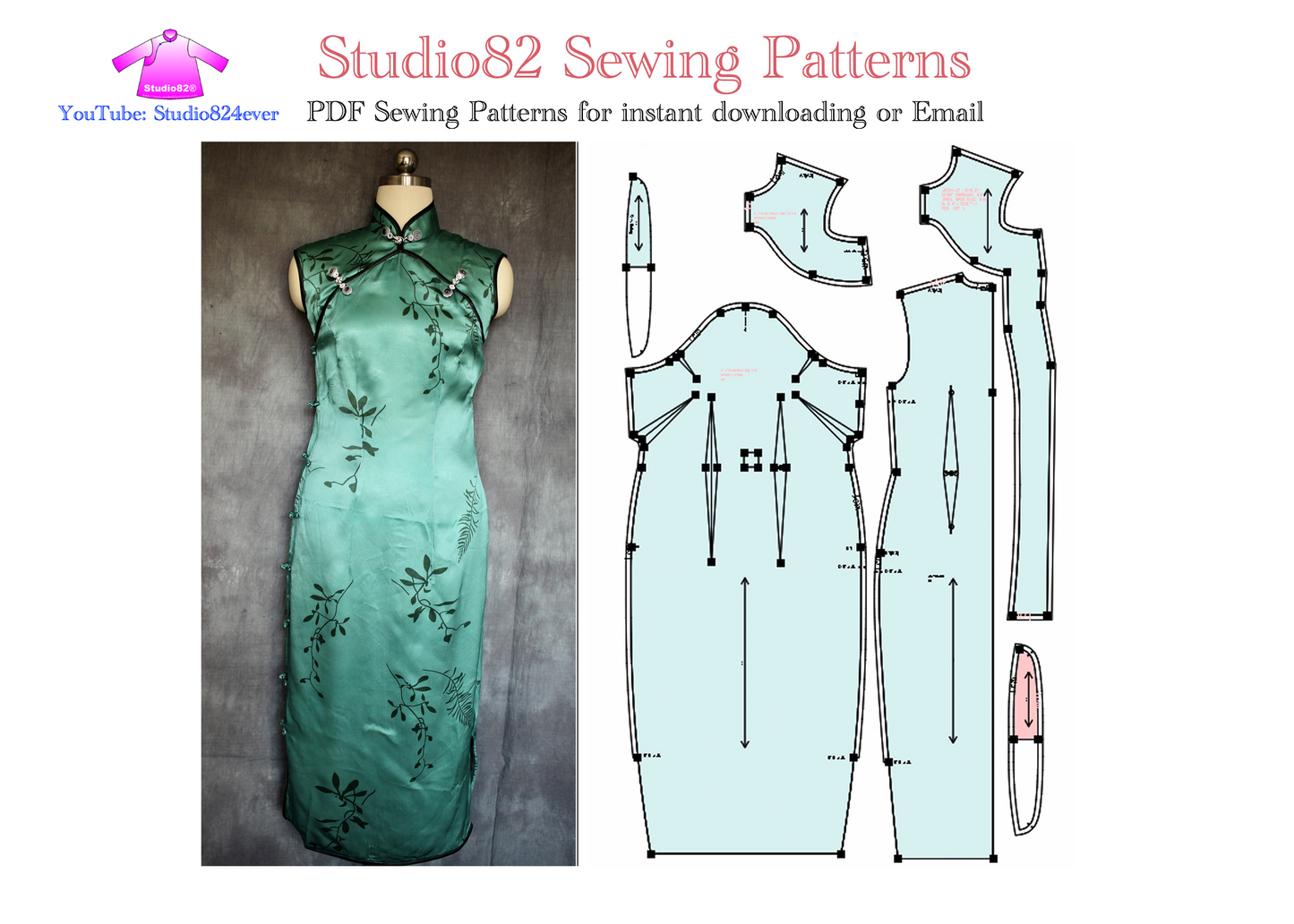 Sleeveless Double Diagonal Plackets Cheongsam Gown PDF Sewing Pattern