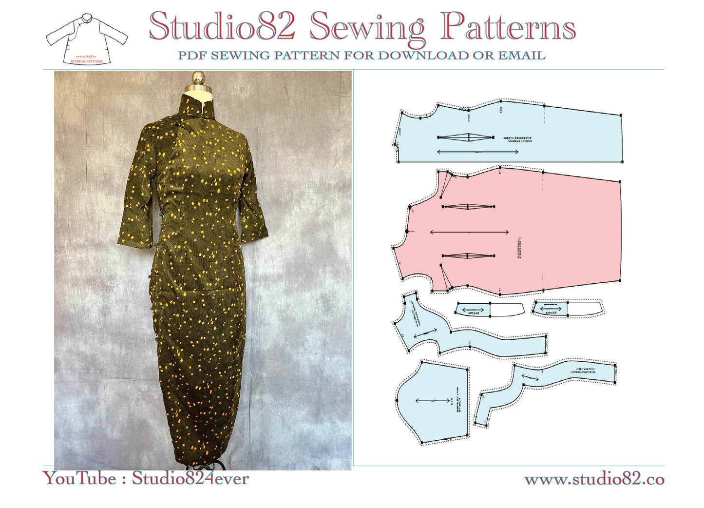 Classic 38cm Mid-Length Qipao Digital Pattern: Mid-Sleeve, Fitted, Hem-Tapered Style