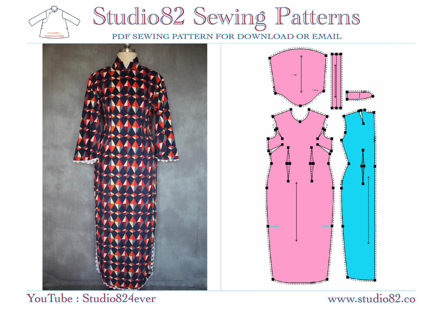 Digital Sewing Pattern for Qipao with 3/4 Bell Sleeves
