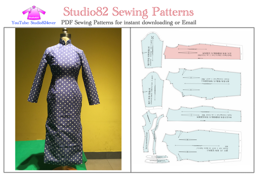 Digital Sewing Pattern of Long-Sleeve Cheongsam with Diagonal Placket and Zipper