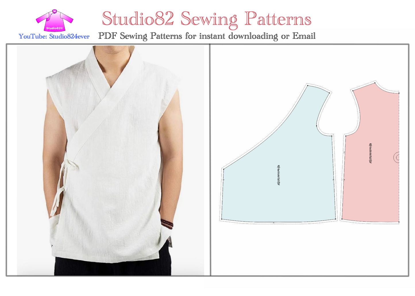 PDF sewing pattern of Shaolin Temple Style of Mens Sleeveless Wrap Vest