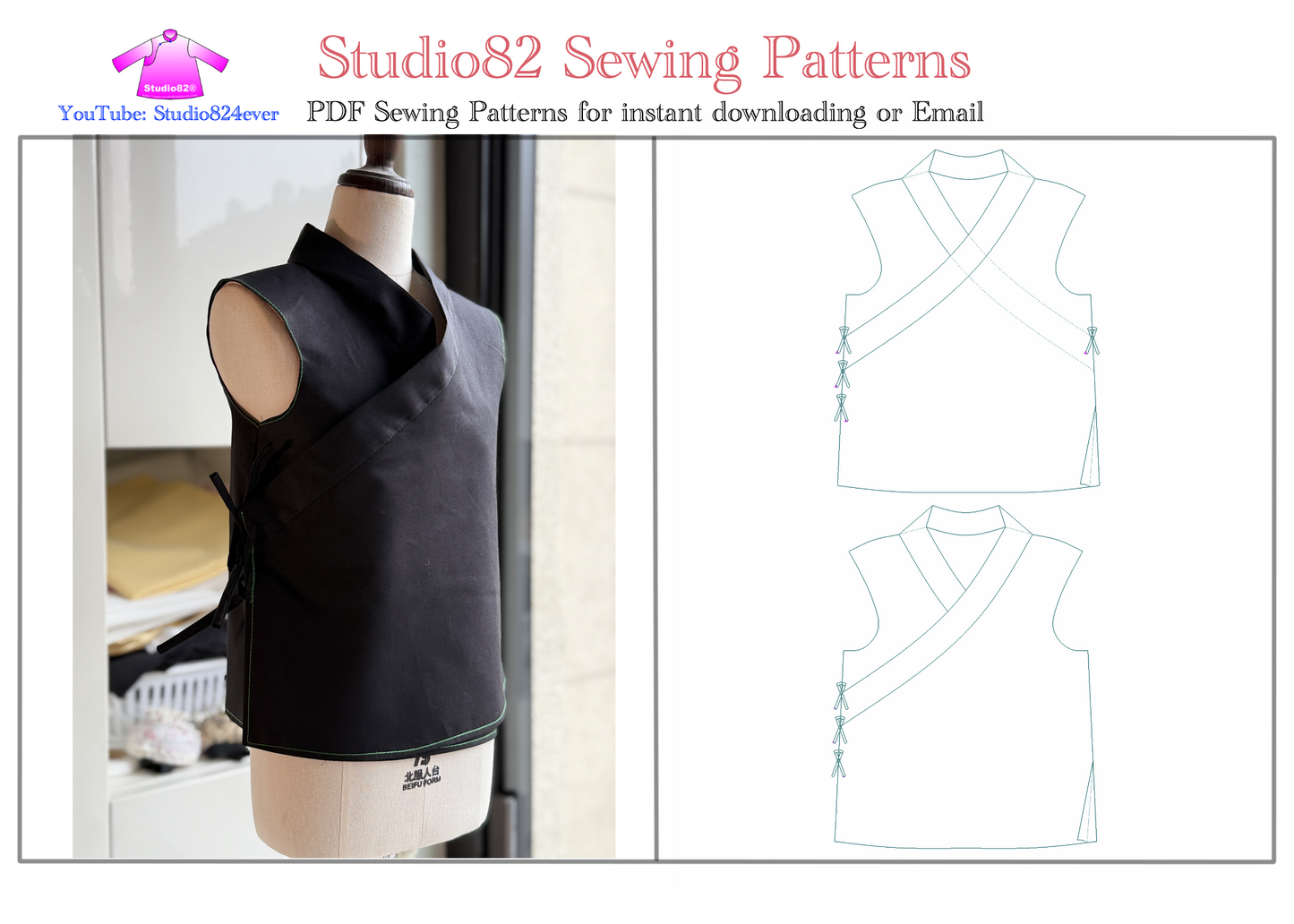 PDF sewing pattern of Shaolin Temple Style of Mens Sleeveless Wrap Vest